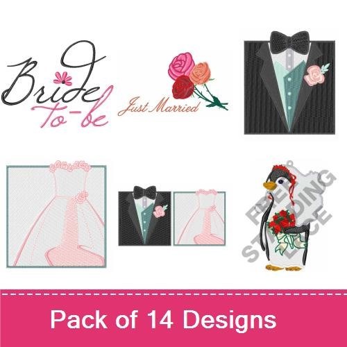 Wedding Celebration Embroidery Designs Bundle – Bride to-be, Groom's Suit, Just Married Roses & More (14 Designs)