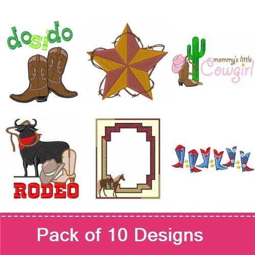 Western Cowboy Theme Embroidery Designs Bundle – Cowboy Boots, Rodeo, Cactus & More (10 Designs)