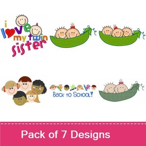 Cute Siblings & Kids Embroidery Designs Bundle – Three Peas in a Pod, I Love My Twin Sister, & More (7 Designs)