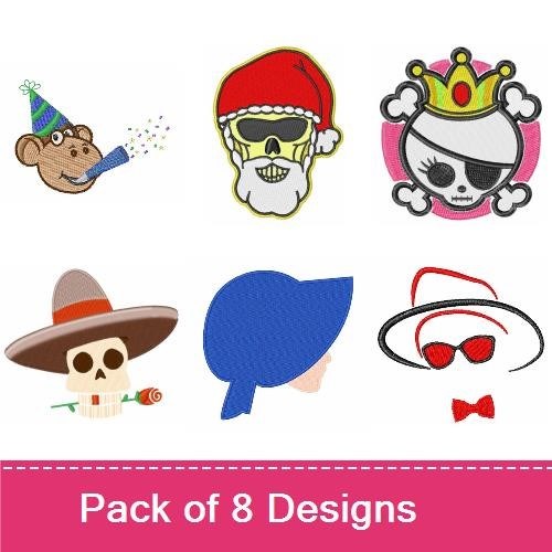Fun Skull and Party Hats Embroidery Designs Bundle – Santa Skull, Skull with Party Hat, Pirate Girl & More (8 Designs)