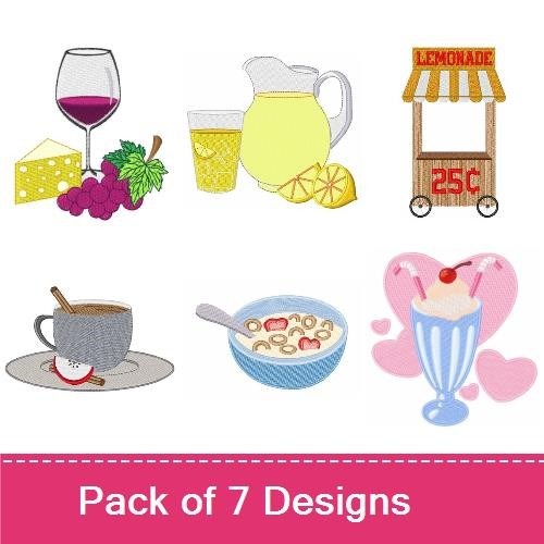 Beverages and Snacks Embroidery Designs Bundle – Wine Glass with Grapes, Ice Cream Sundae, Coffee Cup & More (7 Designs)