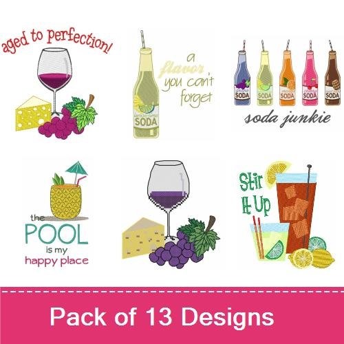 Standard Drinks and Sweets Embroidery Designs Bundle – Wine Glass with Grapes, Cherry Slushie, Soda Bottle & More (13 Designs)