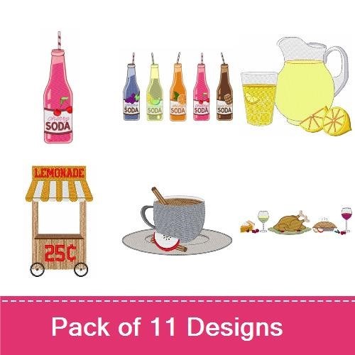 Refreshing Drinks Embroidery Designs Bundle – Grape Soda, Orange Soda, Cup of Tea & More (11 Designs)