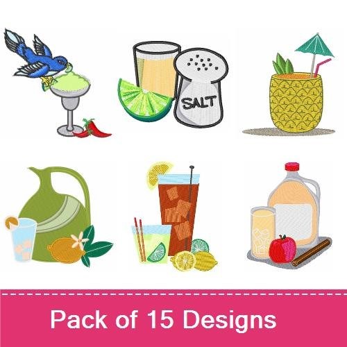 Summer Drinks Embroidery Designs Bundle – Red Wine with Cheese, Tropical Drink with Umbrella, Margarita & More (15 Designs)