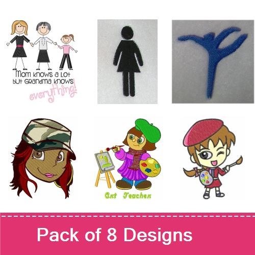Creative Women Embroidery Designs Bundle – Art Teacher, Stylized Female Artist, Silhouette of a Woman & More (8 Designs)
