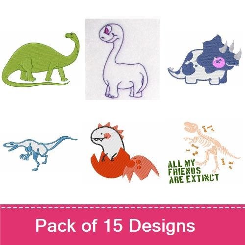Cute Dinosaurs Embroidery Designs Bundle – T-Rex, Brontosaurus, Stegosaurus & More (15 Designs)