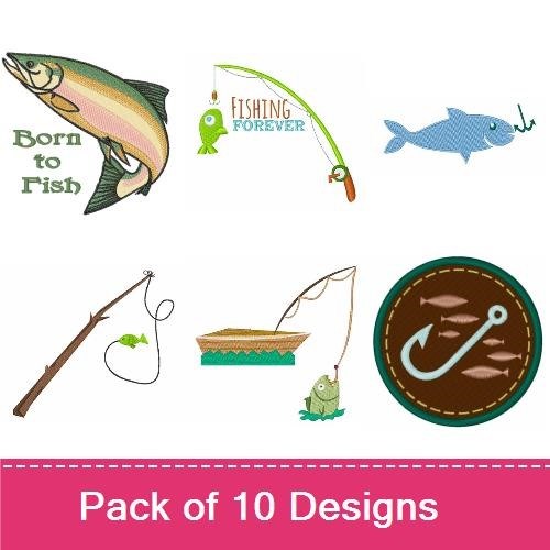 Fishing Themed Embroidery Designs Bundle – Fishing Trophy, Fishing Bait Bucket, Learn to Fish & More (10 Designs)