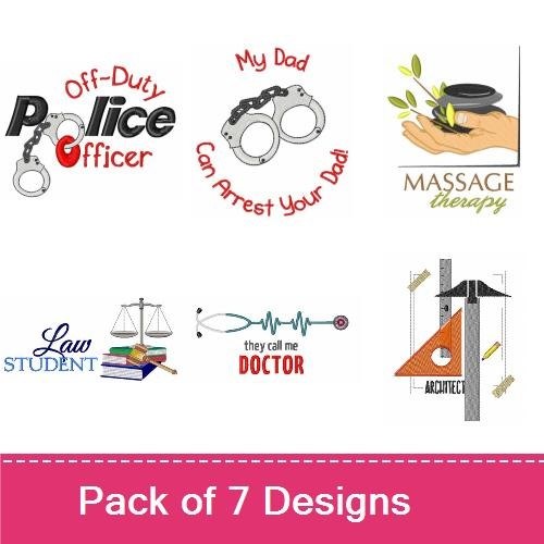 Profession & Career Embroidery Designs Bundle – Police Handcuffs, Massage Therapy Icon, Future Doctor Heart & More (7 Designs)