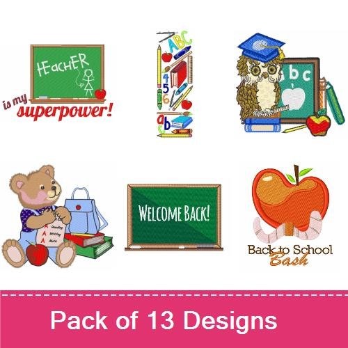 Back to School Embroidery Designs Bundle – ABC with School Supplies, Teacher Superpower, School Bus & More (13 Designs)