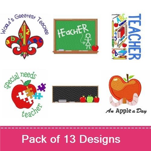 Teaching & School Supplies Embroidery Designs Bundle – Teacher's Apple, Chalkboard, Welcome Back to School & More (13 Designs)