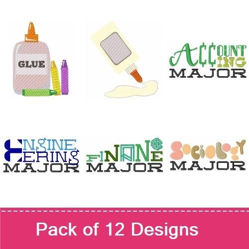 College Major Embroidery Designs Bundle – Preschool, Glue Bottle, Paint Brush, Chalkboard & More (12 Designs)