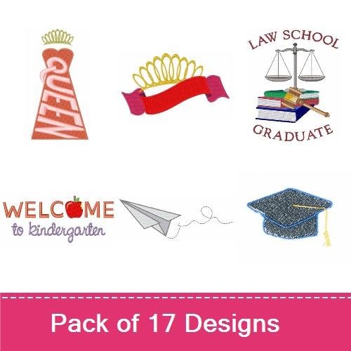 Back to School Embroidery Designs Bundle – Preschool Teacher, Law School Graduate, Crown Design & More (17 Designs)
