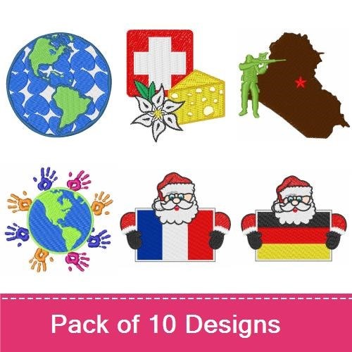 Santa Claus & Global Symbols Embroidery Designs Bundle – Santa with Globe, Earth with Handprints, Switzerland Flag with Santa & More (10 Designs)