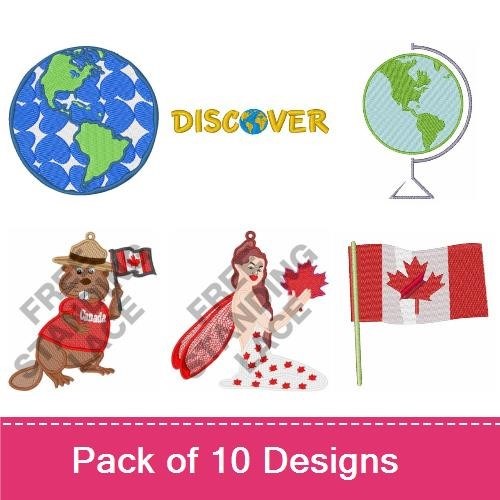 Travel Embroidery Designs Bundle – Globe with North America, Canada Maple Leaf, Ireland Flag & More (10 Designs)