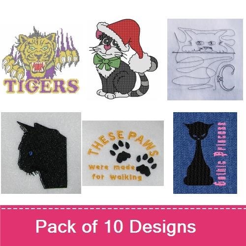 Cats & Tigers Embroidery Bundle – Tiger Head, Cat with Santa Hat, Black Cat & More (10 Designs)