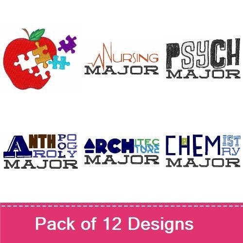 College Major Themes Embroidery Designs Bundle – Apple with Puzzle Pieces, Nursing Major, Psychology Major, & More (12 Designs)