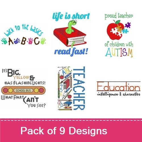 Back to School Teacher & Learning Embroidery Bundle – Proud Teacher with Puzzle Apple, Life is Short Read Fast, Teaching Kids & More (9 Designs)