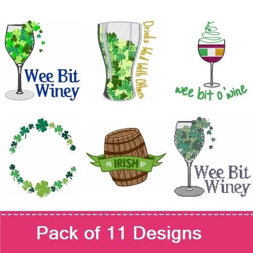 Clover & Wine Glass Embroidery Designs Bundle – Clover Wreath, Happy St. Paddy's Day, Beer Hat & More (11 Designs)