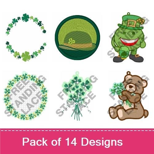 FSL St. Patrick's Day Embroidery Designs Bundle – Shamrock Wreath, Lucky Leprechaun, Green Hat & More (14 Designs)