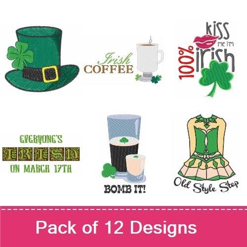 St. Patrick's Day Embroidery Designs Bundle – Green Hat with Shamrock, Irish Coffee, Kiss Me I'm Irish & More (12 Designs)