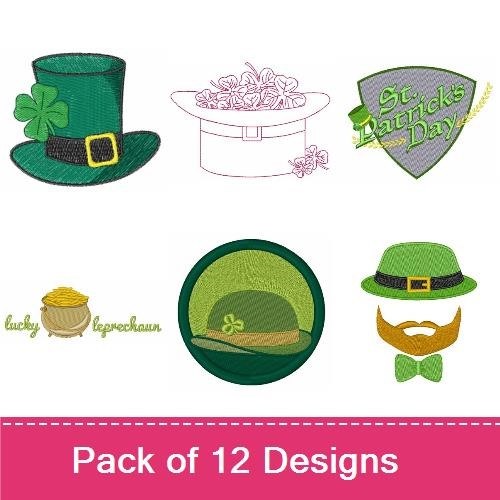 St. Patrick's Day Embroidery Designs Bundle – Shamrock Hat, Top Hat with Clover, St. Patrick's Day Mustache & More (12 Designs)