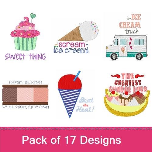 Ice Cream & Sweet Treats Embroidery Designs Bundle – Ice Cream Cone, Sundae, Truck & More (17 Designs)