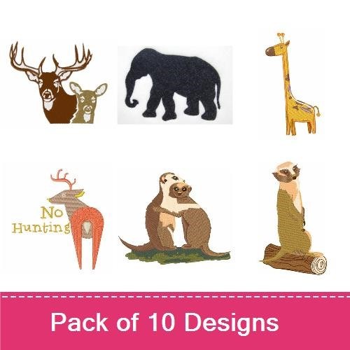 Wildlife Animals Embroidery Designs Bundle – Deer Stag, Elephant, Giraffe, Meerkats & More (10 Designs)