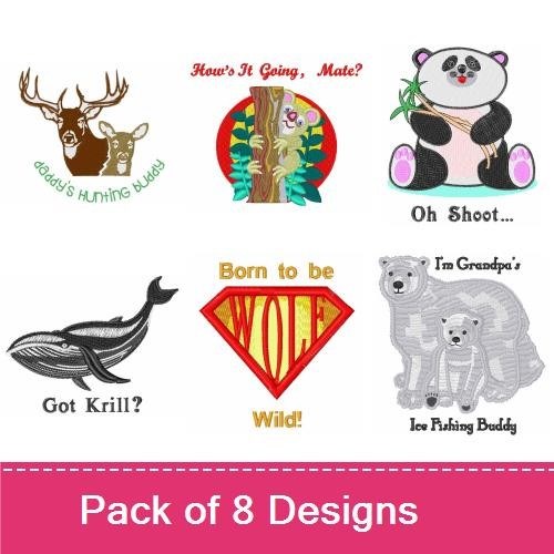 Cute Animal Embroidery Designs Bundle – Daddy's Hunting Buddy, Born to Be Wild, Meerkat Mania & More (8 Designs)