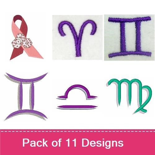 Zodiac & Awareness Ribbons Embroidery Bundle – Gemini, Libra, Pink Ribbon & More (11 Designs)