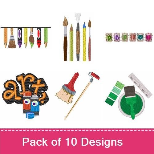 Art Tools & Creativity Embroidery Designs Bundle – Art Text, Paint Tubes, Artist Figure & More (10 Designs)