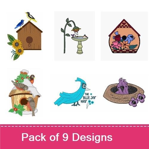Birdhouse and Birds Embroidery Designs Bundle – Birdhouse with Sunflowers, Bluebird on Birdhouse, Hummingbird with Flower & More (9 Designs)