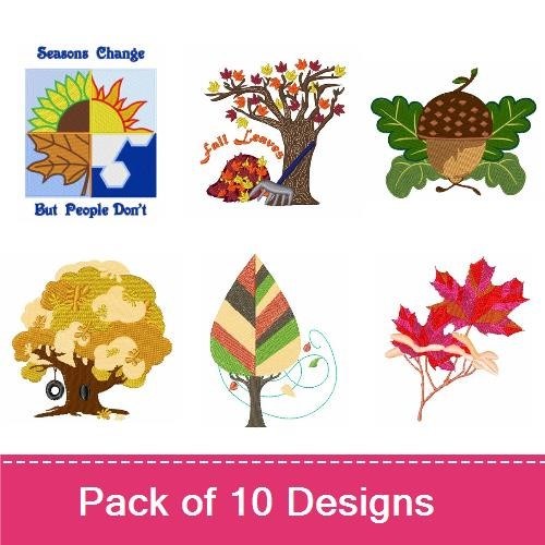 Autumn Leaves & Seasonal Trees Embroidery Designs Bundle – Fall Tree, Colorful Leaf, Acorn & More (10 Designs)