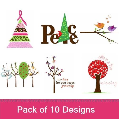 Festive Trees & Love Embroidery Designs Bundle – Decorative Tree with Hearts, Christmas Love Tree, & More (10 Designs)