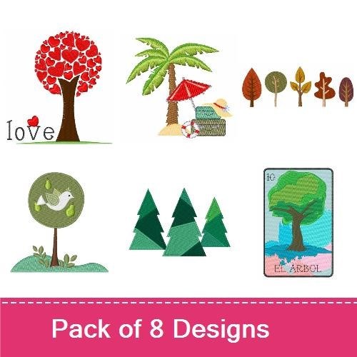 Nature-Themed Embroidery Designs Bundle – Whimsical Tree with Bird, Pine Trees, Maple Leaf & More (8 Designs)