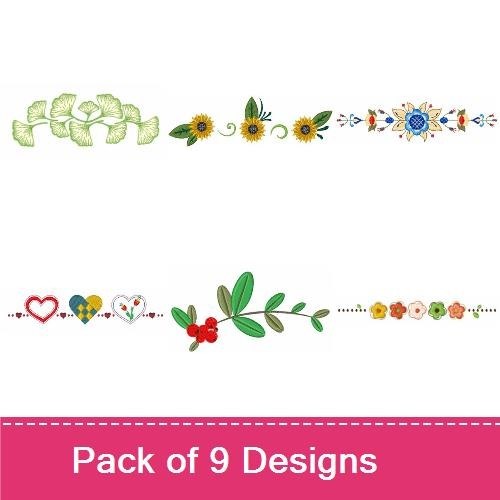 Floral and Heart Embroidery Designs Bundle – Floral Border, Blue Flower with Leaves, Red Flowers & More (9 Designs)