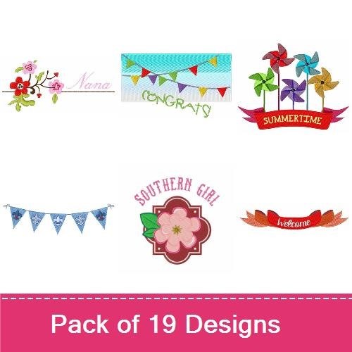 Welcoming Celebration Embroidery Designs Bundle – Welcome Banner, Congratulations Banner, Flower with Name & More (19 Designs)