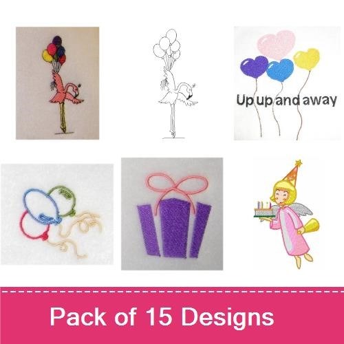 Birthday Party Themes Embroidery Designs Bundle – Penguin Wearing Party Hat, Birthday Princess, Cupcake & More (15 Designs)