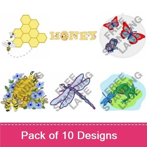 FSL Bee & Garden Embroidery Designs Bundle – Dragonfly Ornament, Ladybug Ornament, Honeycomb Design & More (10 Designs)