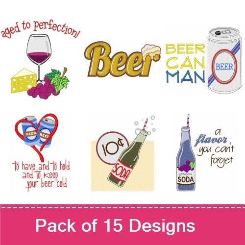 Beverage-themed Embroidery Designs Bundle – Cheers, Drink Responsibly, Aged to Perfection & More (15 Designs)