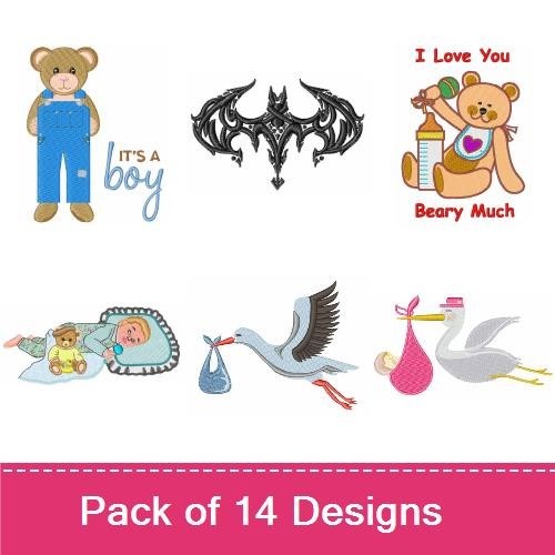Cute Baby & Teddy Bear Embroidery Designs Bundle – Teddy Bear with Clothes, Baby Bib, Rubber Duck & More (14 Designs)