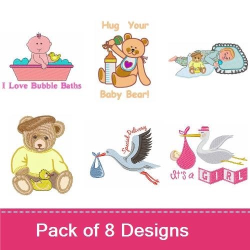 Teddy Bear Baby Embroidery Designs Bundle – It's A Boy Teddy Bear, Hug Your Baby Bear, Stork with Baby & More (8 Designs)