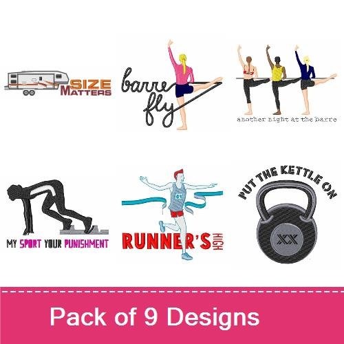 Fitness and Active Lifestyle Embroidery Designs Bundle – Size Matters, Hopscotch Game, Yoga Poses & More (9 Designs)