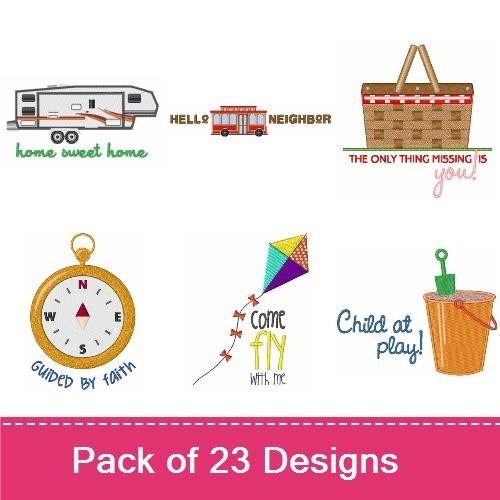 Camper Trailer & Fire Truck Embroidery Designs Bundle – Home Sweet Home, Thanks a Latte, Kite & More (23 Designs)