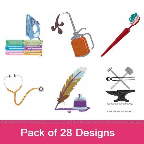 Everyday Tools and Kitchen Essentials Embroidery Designs Bundle – Wrench, Artist Palette, Lipstick & More (28 Designs)