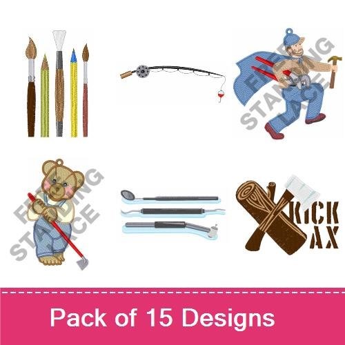 Fishing & Tools Embroidery Designs Bundle – Fishing Hook, Fishing Rod, Fishing Lure & More (15 Designs)