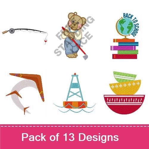 Art & Fishing Tools Embroidery Designs Bundle – Makeup Brushes, Lipstick, Compass, Fishing Rod & More (13 Designs)