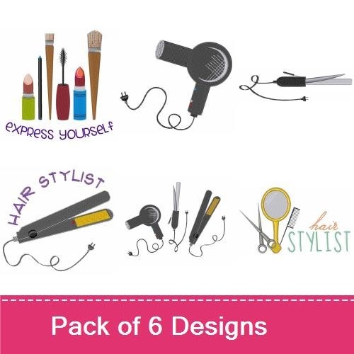 Beauty & Hair Stylist Tools Embroidery Designs Bundle – Hair Dryer, Flat Iron, Scissors & More (6 Designs)