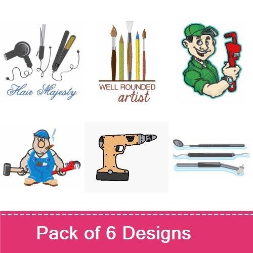 Handyman and Creative Tools Embroidery Designs Bundle – Hair Majesty, Hair Dryer, Plumber with Wrench & More (6 Designs)