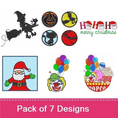 Holiday Fun Characters Embroidery Designs Bundle – Christmas Star with Tooth Fairy, Santa Claus, Halloween Pumpkin & More (7 Designs)