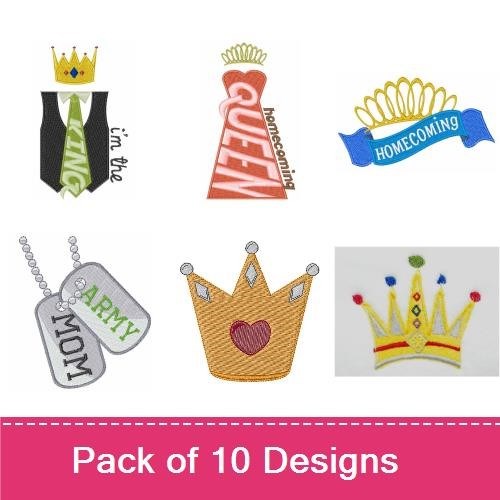 Royal Crowns Embroidery Designs Bundle – Crown with Gems, Golden Crown, Queen Text Design & More (10 Designs)